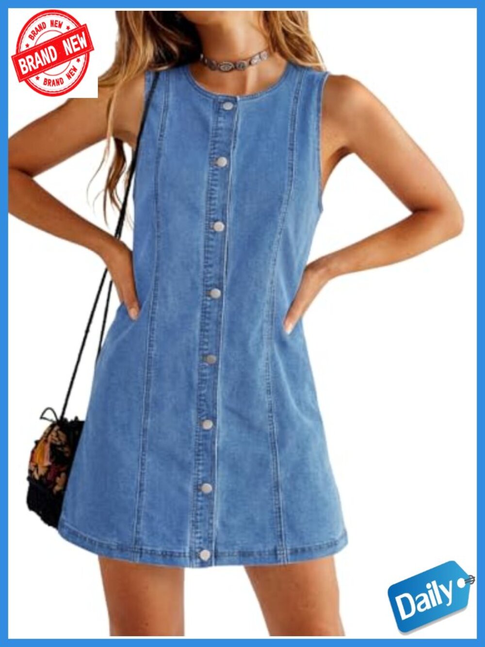 Women's Sleeveless Mini Denim Dress Summer Casual A Line Jean Dress with Pockets